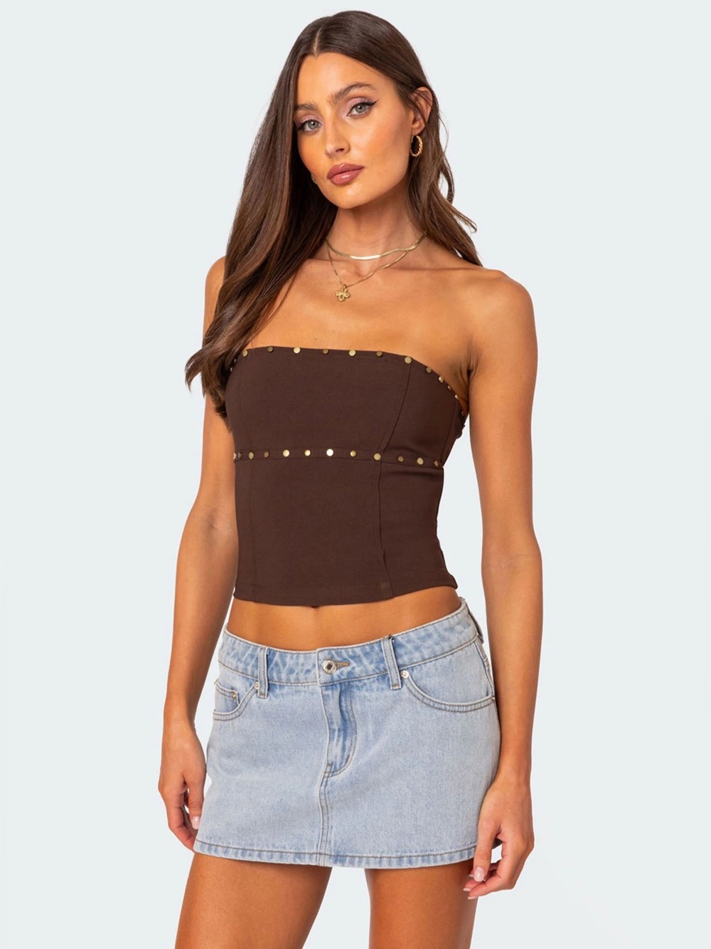 Edikted Darcy Brown Studded Lace Up Corset Adjustable Strapless NWT Size XL